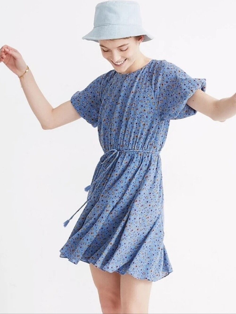Madewell Blue Calico Floral Tassel Tie Short Sleeve Mini Dress Size 16